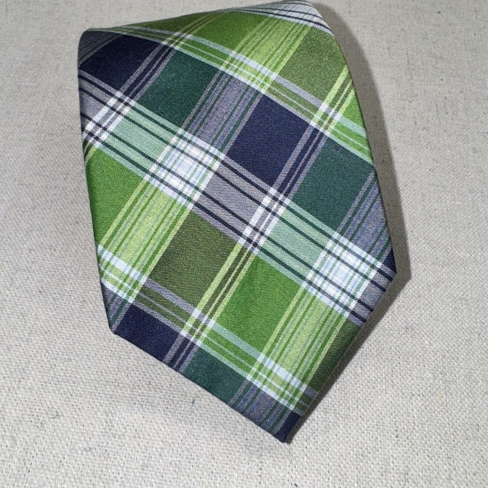 Tommy Hilfiger Plaid Tie Mens OS Green Navy Blue Cotton Silk‎ Preppy Classic